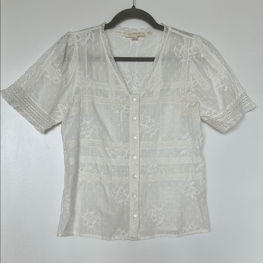 Free People Cream Buttoned Fitted Blouse